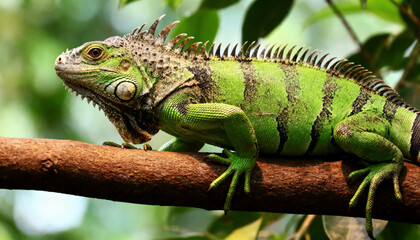 Obraz premium A green iguana sitting on a tree branch in a tropical jungle