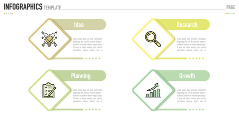 Rectangular infographic template or element with 4 step, process, option, colorful rectangle, icons, triangle, paper origami, button, tag, circle, circular, square bar for sale slide, internet planner
