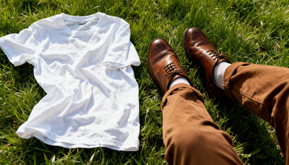 Fototapeta premium Feet wearing brown shoes next to a white blank t-shirt in the green grass