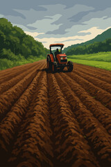 A red tractor works across freshly plowed farmland under a cloudy sky. The soil is neatly formed into rows, stretching toward the horizon, ready for planting. Surrounded by lush green trees and distan