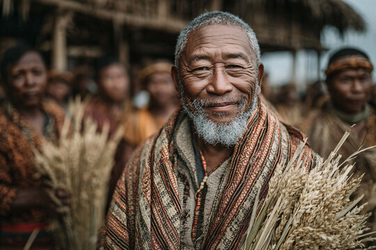 ortrait of an elderly Mizo farmer smiling proudly during Thalfavang Kut, wearing a traditional shawl and holding a bundle of freshly cut crops. 