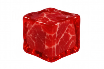 Red gelatin cube encasing raw marbled beef, creating a surreal and bizarre food concept on transparent background