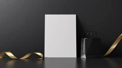 Elegant Black Friday Flyer Mockup with Gift Bag and Gold Ribbon on Dark Background