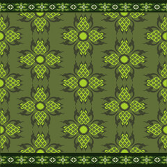 An antique Thai fabric vector pattern featuring traditional floral and geometric motifs in olive green, moss green, and pale green. The design is suitable for backgrounds, wallpapers, textile printing
