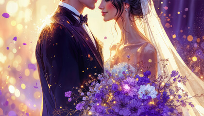 Textured Wedding Illustration - A textured illustration depicts a wedding scene featuring a couple in formal attire. A vibrant purple bouquet and warm bokeh lights add to the romantic atmosphere.