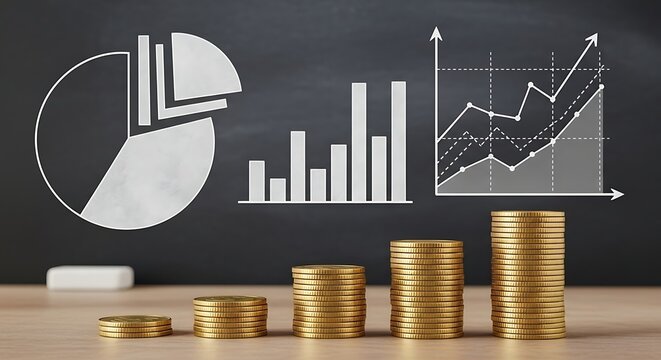 Financial growth concept with stacks of gold coins and various business charts including a pie chart bar graph and line graph displayed on a blackboard background symbolizing success and investment