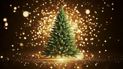 Green Christmas Tree with Glittering Gold Bokeh Lights on Dark Background Holiday Festive Celebration Decoration - Powered by Adobe