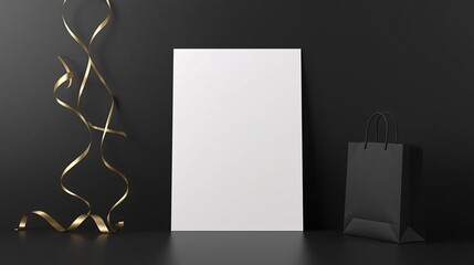Sleek Black Friday Flyer Mockup with Gold Ribbon and Shopping Bag Design