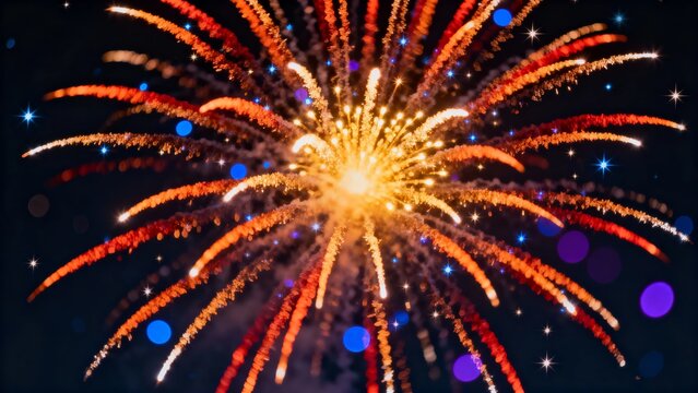 A vibrant display of fireworks bursting in the night sky, featuring bright orange and yellow streaks with scattered blue and purple sparks.