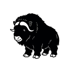 Musk Ox Black and White Illustration.