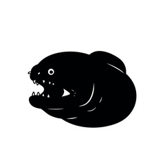 Stylized Black and White Illustration of a Moray Eel with Open Mouth.