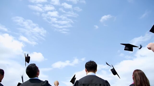 Graduates in Black Gowns Throwing Caps in Air Against Blue Sky