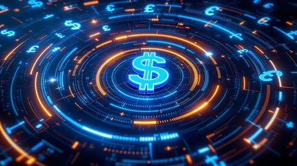 Digital currency dollar sign with glowing circles and global finance symbols for online investment tech