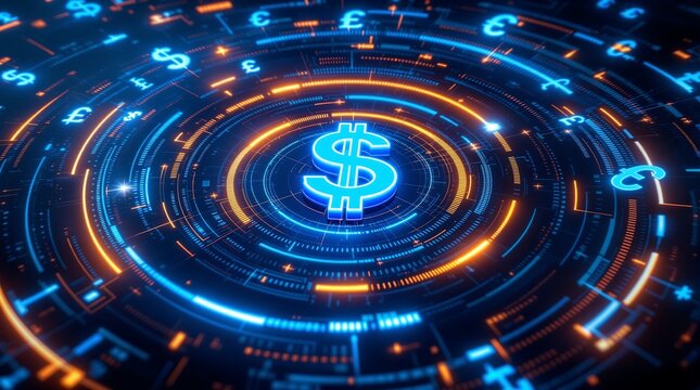 Digital currency dollar sign with glowing circles and global finance symbols for online investment tech - Powered by Adobe