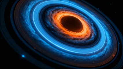 A vivid depiction of a cosmic scene featuring a glowing orange and blue accretion disk surrounding a dark central void, reminiscent of a black hole or neutron star.