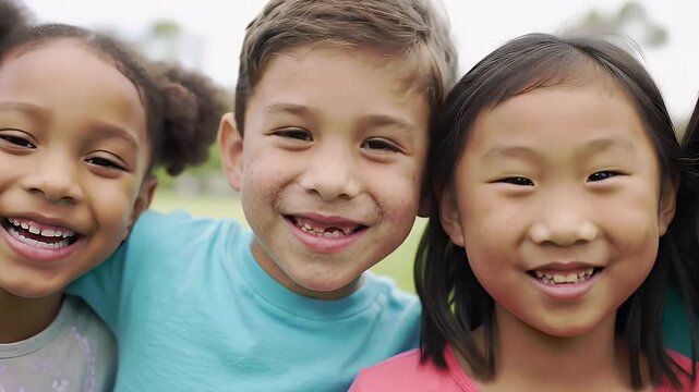 Smiling Young Children with Missing Teeth against a Green Background with a Soft Lighting style. Focus on the main