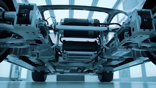 Underside View of Vehicle Chassis with Complex Suspension System and Battery Pack in a Brightly Lit Workshop