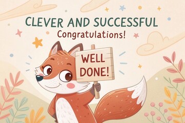 Cute illustrated fox holding Well Done sign playful congratulations greeting card celebration