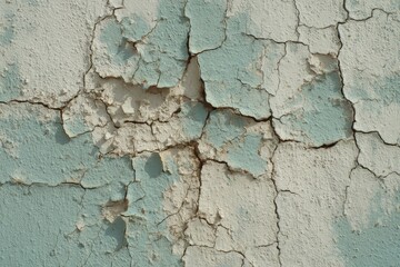 Obraz premium Aged, weathered stucco wall displays a network of deep cracks, revealing pastel-toned layers beneath.