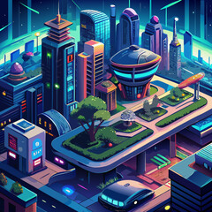 Vibrant futuristic city skyline with sleek architecture and lush green spaces at night