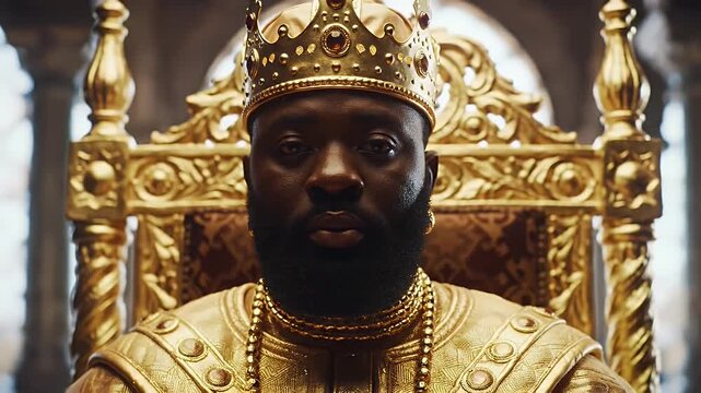 Stern Black King with Golden Crown and Ornate Clothing Sitting on a Gilded Throne in a Palatial Setting