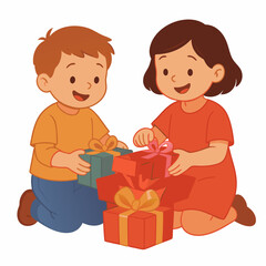 Obraz premium Cheerful boy and girl kneeling holding and unwrapping colorful gift boxes cartoon illustration.