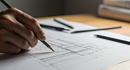 Architectural designer sketching blueprints with a pencil, creating detailed plans for a stunning modern building, showcasing creativity and precision in architectural design work