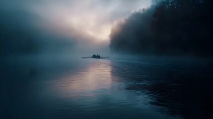 A synchronized rowing team moves through a misty river at dawn illuminated by soft early light showcasing disciplined teamwork and sport