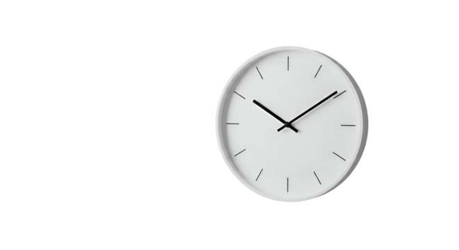 Simple white wall clock with minimal hands against black backdrop