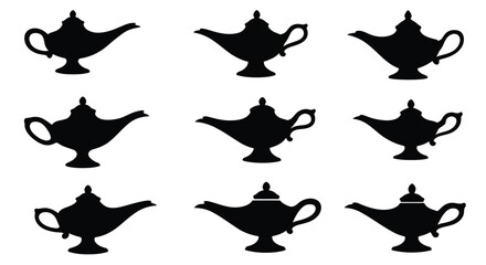 Nine black silhouettes of ornate magic lamps arranged in a grid pattern