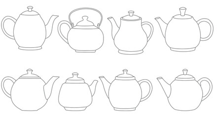 Simple line drawing of various teapots and kettles in a grid pattern