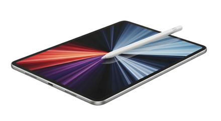 Tablet with stylus on screen displaying colorful radial pattern