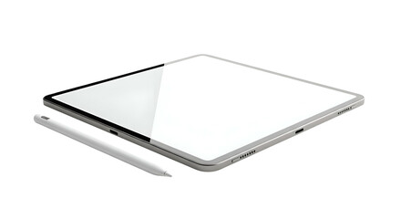 Tablet with a white screen and stylus, resting on a black surface