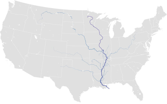 Mississippi river system &ndash; rivers vector map of United States highlighting main stem and primary tributaries (AEA, scaled by river size, PPT-compatible, multi-layered & fully editable)