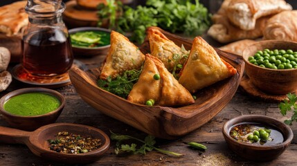 Samosas served with green chutney and spices indian food