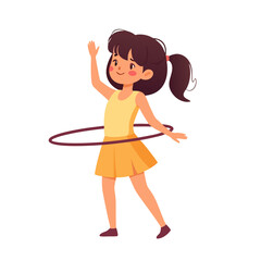 Cheerful young girl with white hair twirling a hula hoop.