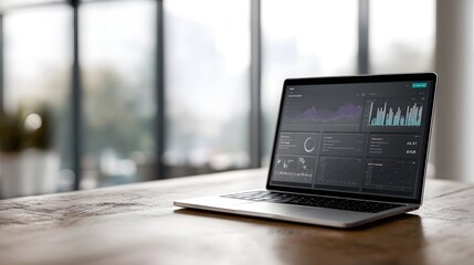 Laptop with analytics dashboard showcasing business data and charts set against a bright modern backdrop