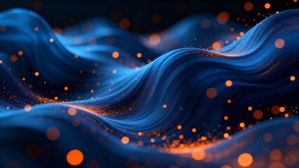 Abstract digital artwork featuring flowing blue waves with glowing orange particles, creating a dynamic and ethereal visual effect.