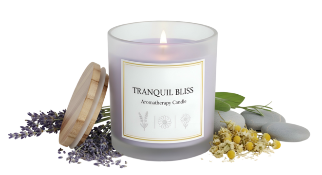 Frosted candle with lavender, chamomile, and rocks - Powered by Adobe
