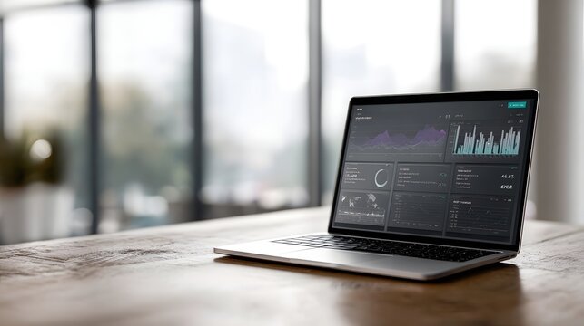 Laptop with analytics dashboard showcasing business data and charts set against a bright modern backdrop