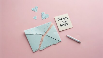 Torn paper envelope and inspirational dreams message on pink