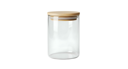 Clear glass jar with a light wooden lid centered on black