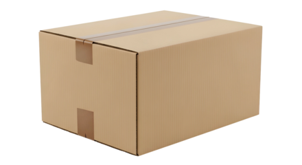 Closed cardboard box with tape; plain background