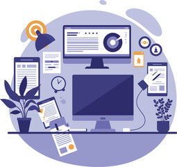 Modern workspace setup featuring computer tablet phone plants and office supplies for business productivity isolated on transparent background