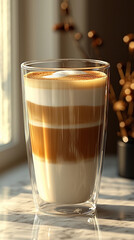 Glass cup showcasing layered coffee drink with cream Generative AI