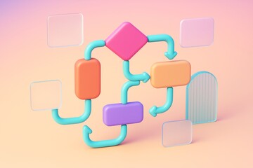 Abstract geometric flowchart mockup with colorful shapes and arrows on soft pastel background for creative design or presentation layout concept. Ai generative