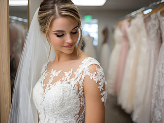 Naklejka premium Beautiful happy bride in wedding dress inside fitting room. young woman looks serene choosing her elegant gown
