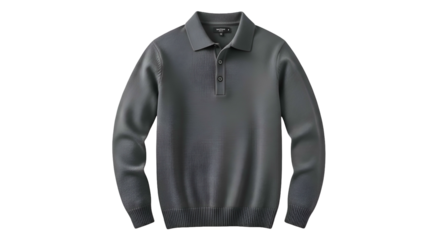 Grey, long-sleeved polo shirt. Buttons, collar, knit material