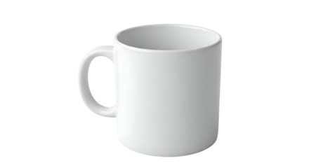 Simple white ceramic coffee mug with a handle, plain background