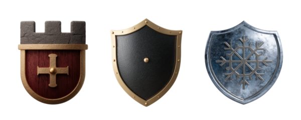 A collection of three distinct shields, showcasing unique designs and textures. Perfect for use in medieval-themed illustrations, gaming graphics, or as historical symbols.